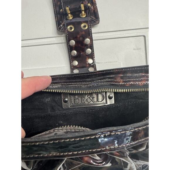 BE & D Patent Tortoise She’ll Leather Fold Over Clutch Handbag Gold Buckle - Picture 3 of 6